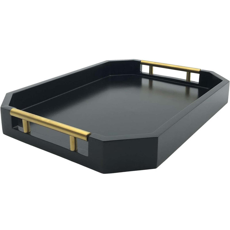 Serving Tray With Polished Metal Handles, Hexagon Coffee Table Tray, Modern Rectangle Decorative Tray, Large Ottoman Tray, Perfect For Storage And Display (Black Rectangle)