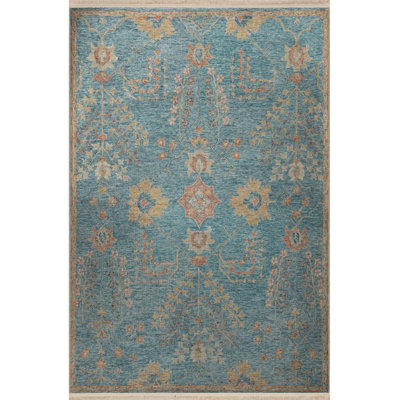 Blue Traditional Motif Floral Fringed Vintage Decorative Washable Rug