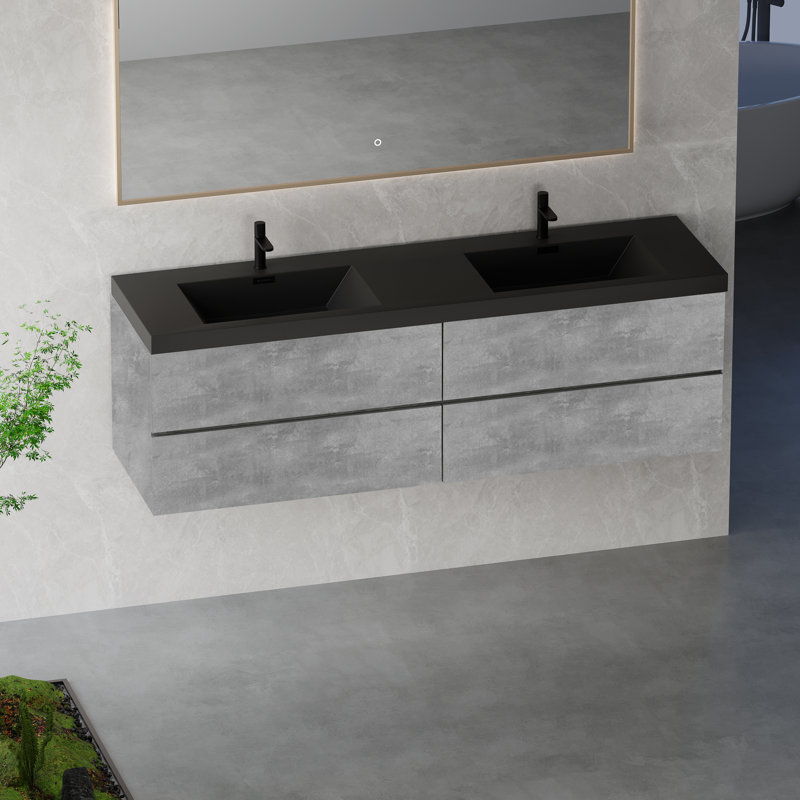 24"-72" Floating Single/ Double Bathroom Vanity Wall-Mounted Vanity with Integrated Quartz Top, 1/2 Basins, 2/4 Soft Close Drawers