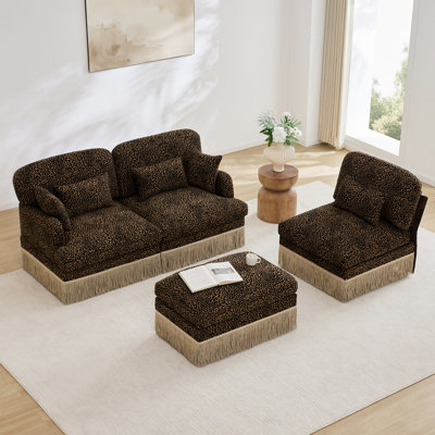Canapé en L 100 po à imprimé léopard confortable en chenille, délicat bord de pompon, repose-pieds mobile, style moderne, dossier et siège ergonomiques, assemblage facile, siège profond pour le salon, brun noir
