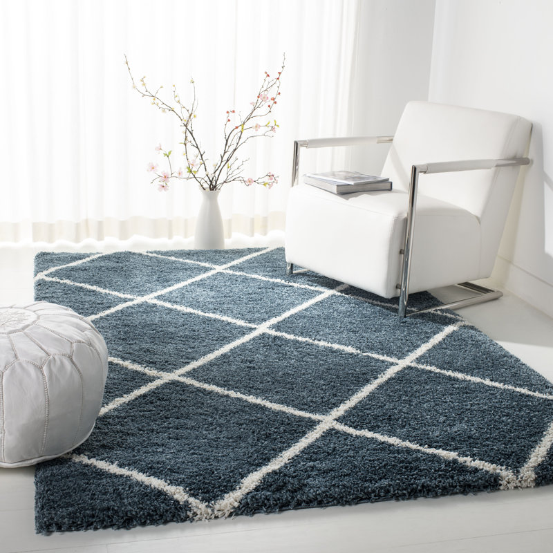 Humberto Hudson Shag Performance Geometric Rug, Rectangle 10' x 14', Slate Blue/Ivory