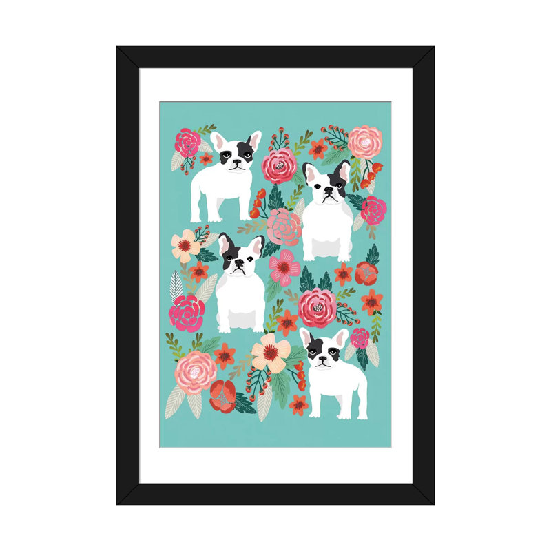 Collage floral français bouledogue, impression sur toile tendue, H 24 po x l 16 po x P 1 po, Papier d'art encadré noir, Blanc