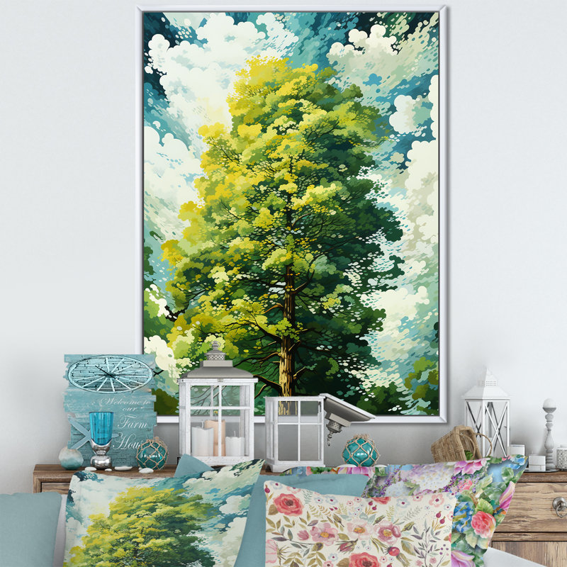 «Sunny Green American Basswood Tree Essence I», art mural arbre, Cadre flottant blanc, 32" H x 24" W