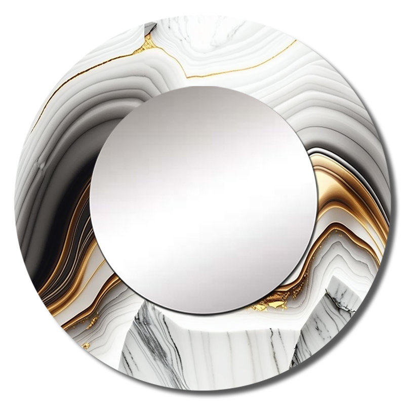 Oltjana abstrait Geode Waves Gray III - miroir mural abstrait, miroir décoratif rond moderne, impression d'art en métal
