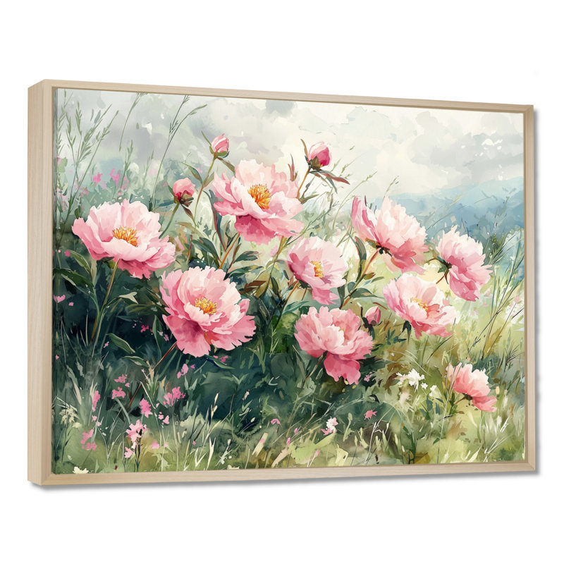 Melvina, pivoines et prairie d'été I - pivoines, art mural, H 12 po x l 20 po, Impression encadrée flottante, Crème, crème