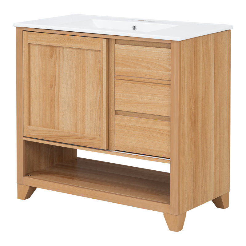 Zoren 36" Wide Modern Wood Bathroom Vanity with Ceramic Sink, Drawers, Sliding Cabinet Door & Open Shelf for Bathroom