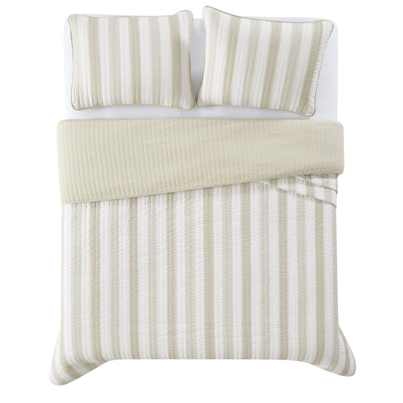 Aiden Polyester Comforter Set, Queen Quilt+ 2 Standard Shams, White/Tan