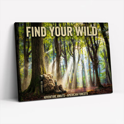 Find Your Wild Forest Adventure Canvas Wrapped Wall Art Oil Painting Print With Hiking Backpack And Sunlight Rays In American Woods Nature Scene For Living Room Bedroom Or Office Decor