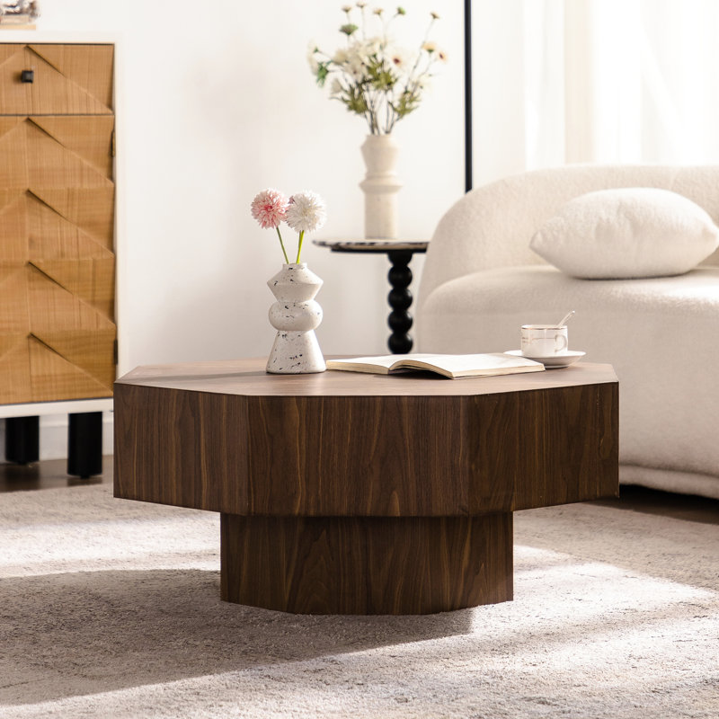 Table basse moderne de 29,69 pouces avec base de plancher et piédestal - couleur noyer, cadre pour bureau de salon, avec esthétique épinette minimaliste