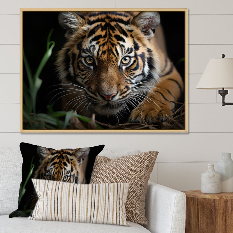 Portrait de tigre brun - art mural tigre, Cadre flottant érable, H 12 po x l 20 po x P 1 po