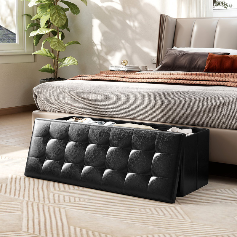 Luyster Faux Leather Ottoman, Black Faux Leather