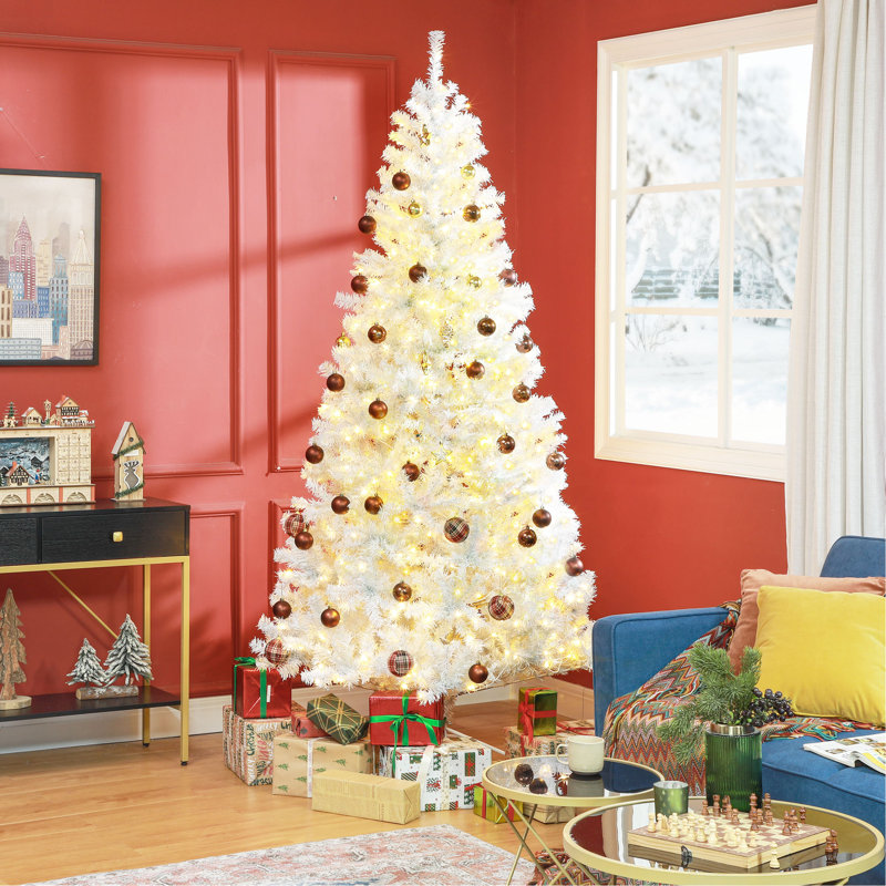 Sapin de Noël artificiel 7,5 pi avec branches réalistes, 500 lumières DEL blanc chaud et 1346 pointes, blanc, H 7,5 pi, Blanc