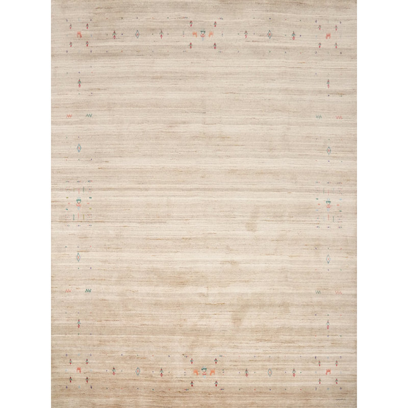 Tapis beige classique de style Gabbeh 8 x 8 avec des détails colorés délicats