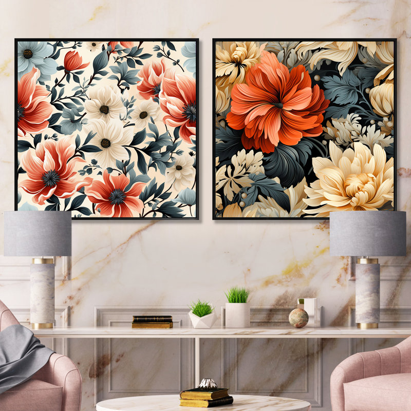 Pompa - Ensemble de 2 collages floraux carrés, Cadre flottant noir, H 16 po x l 33 po