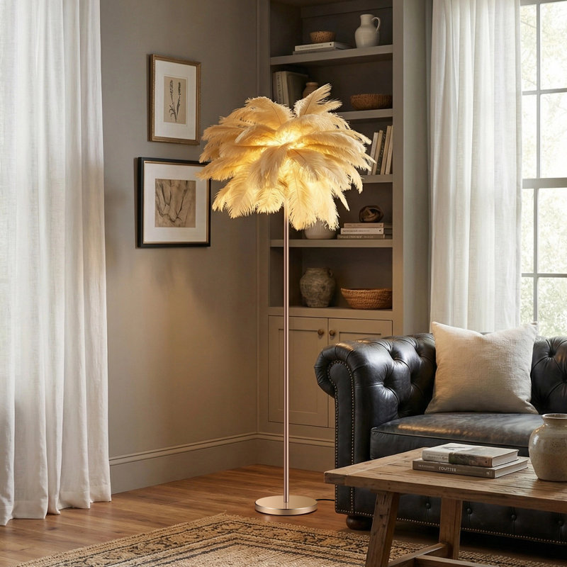 61'' LED Brass Feather Floor Lamp With Outlet, Camel