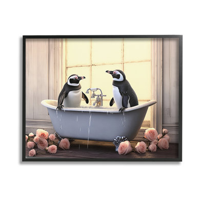 «Penguins Bathing in Tub», estampe numérique encadrée par Lazar Studio