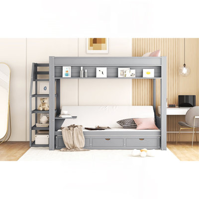 Wood Full Size Convertible Bunk Bed With Storage Staircase