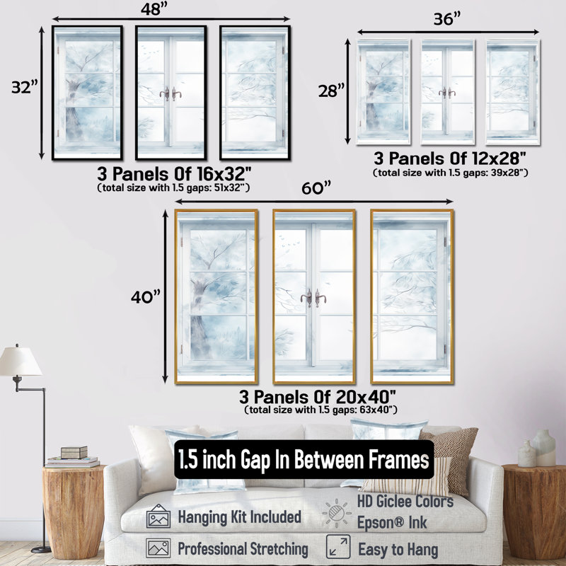 Frosty Winter Window View - Winter Landscape, art mural, Cadre flottant blanc, H 32 po x l 48 po x P 1 po