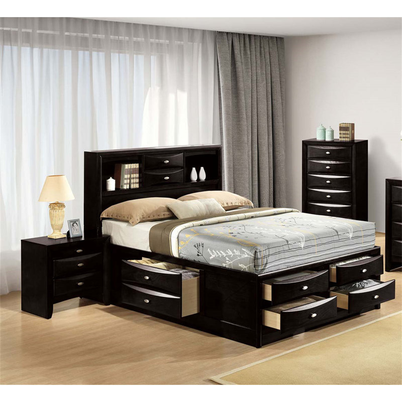 Ensemble de chambre à coucher contemporain avec lit, deux tables de chevet et bibliothèque de tête de lit, offrant beaucoup de rangement et un design élégant pour les maisons modernes