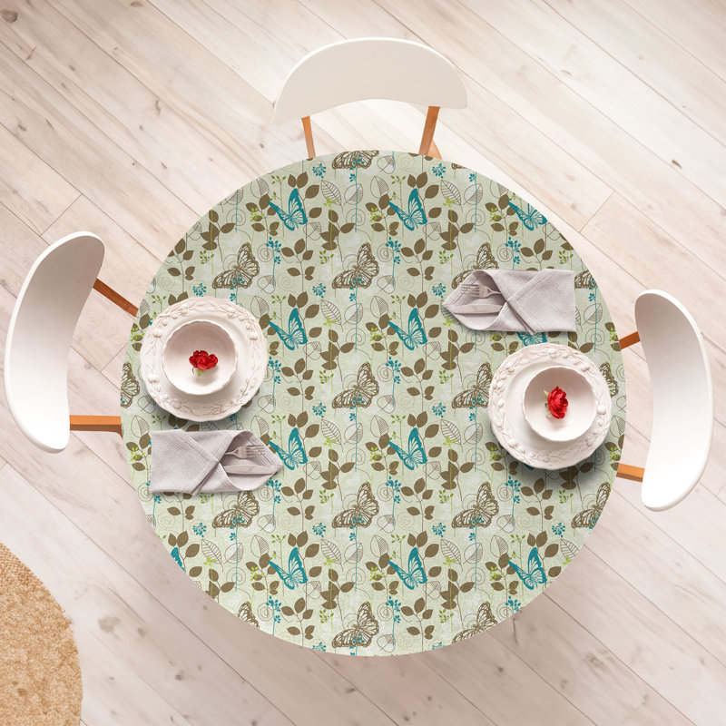 East Urban Home Abstract Fitted Round TableclTeal Green Brown 78469, 67.72" Round