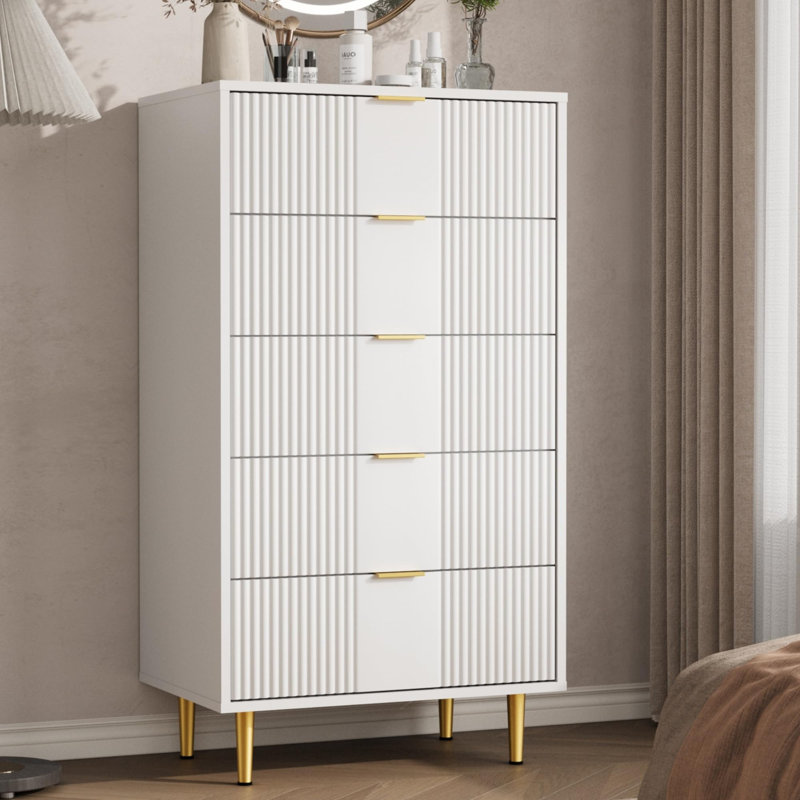 44.3" Tall Fluted 5 Drawer Dresser with Metal Handles, Modern Wood Storage Chest, White