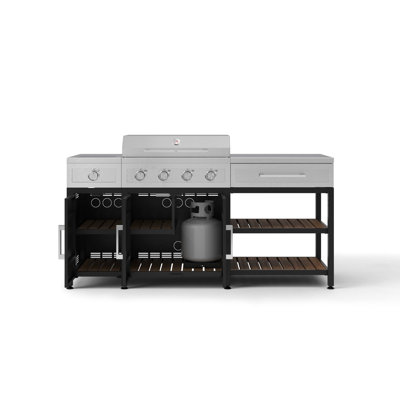 Ensemble de 6 armoires modulaires en aluminium noir de la série Essential pour cuisine extérieure, avec barbecue au gaz naturel intégré de 30 po et brûleur latéral.