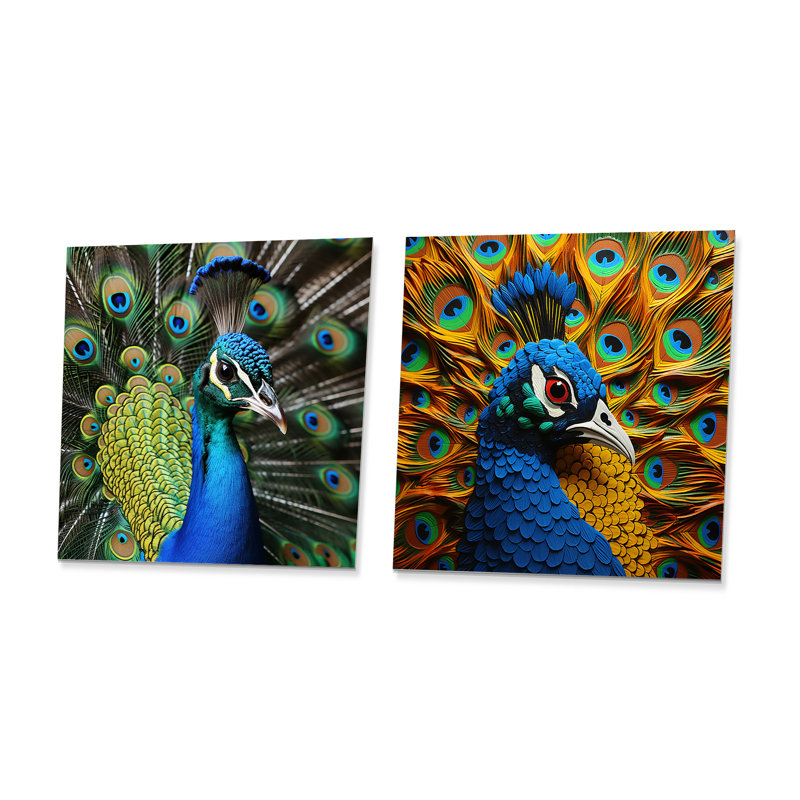 Blue Majestic Peacock Splendor I - Ensemble de 2 carrés décoratifs en métal paon, H 16 po x l 32 po