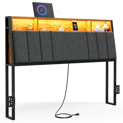 Wrought Studio Hidden Storage Headboard With Charging Station, Ergonomic Upholstered Linen Headboard Only With Led Lights, 2 Outlets & 2 Usb Ports, Attach Frame, Easy Assembly, Dark Grey