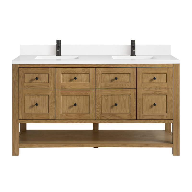 Breckenridge 60'' W Double Vanity, Single Hole, Light Natural Oak, White Zeus Silestone