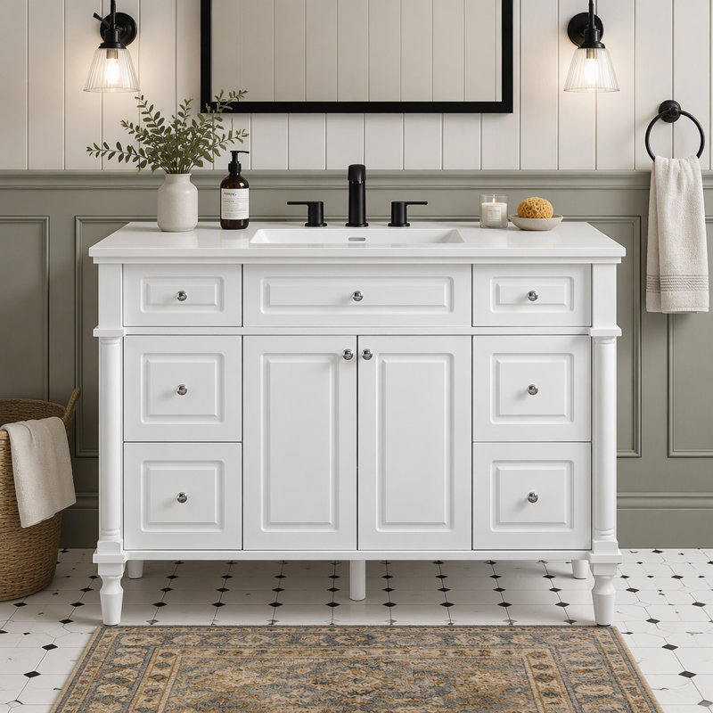 Meuble-lavabo vintage sur pied avec six tiroirs, deux portes et charnières à fermeture en douceur pour le rangement, White