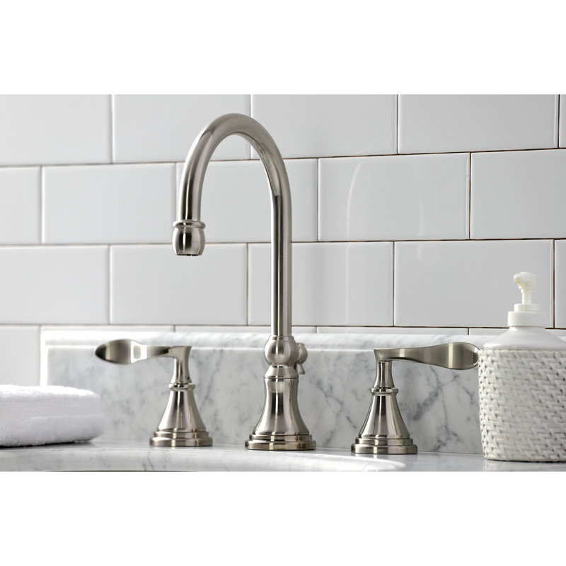 Kingston Brass Century Two-Handle 3-Hole Deck Mount Widespread Bathroom Faucet with Brass Pop-Up Drain, Brushed Nickel