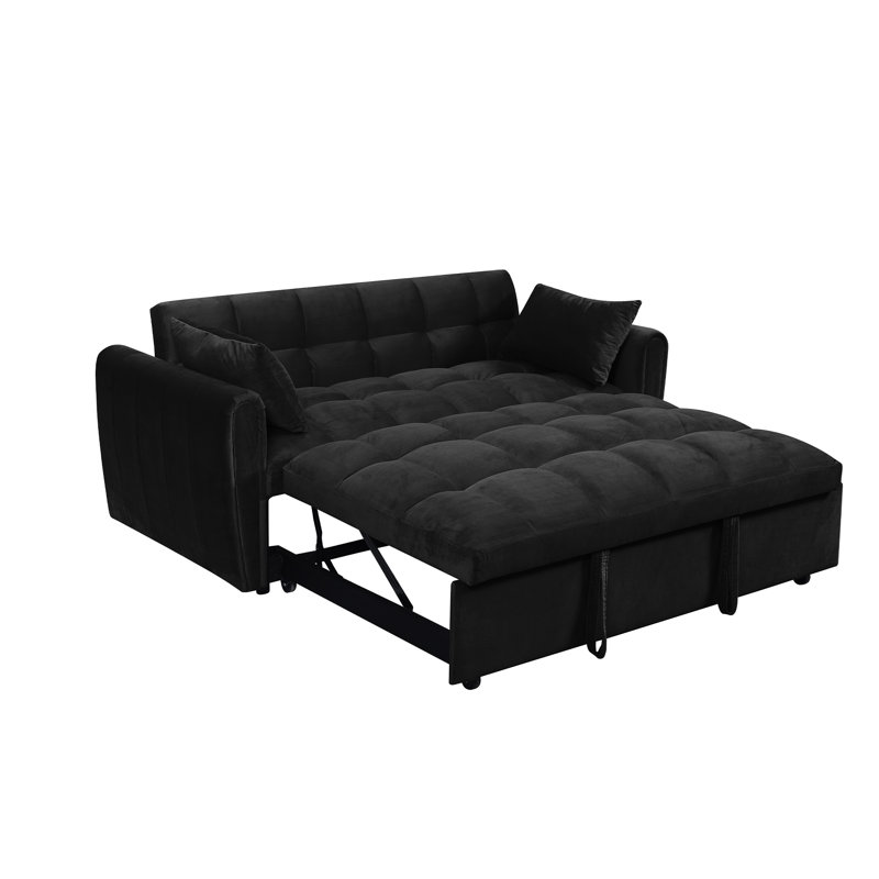 3-In-1 Convertible Sleeper Sofa Bed With Adjustable Backrest,65''Modern Velvet Pull Out Couch Sofa Bed With 2 Pollows, Black