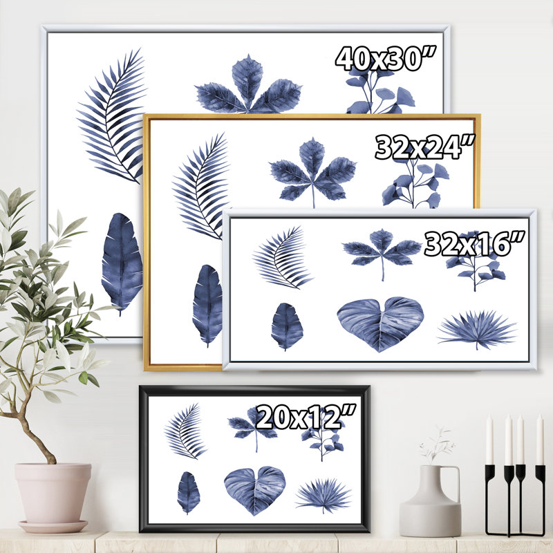 Ensemble de feuilles de plantes - reproduction sur toile avec cadre flottant, H 16 po x l 32 po x p 1 po, Cadre blanc