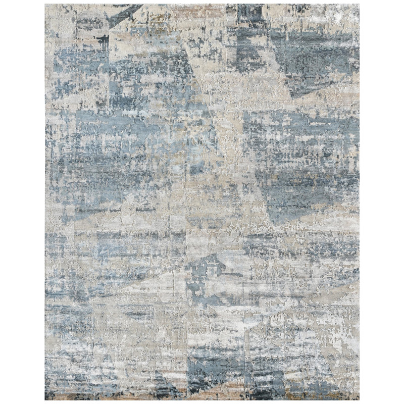 Tapis ivoire et bleu noué à la main de haute qualité, Rectangle de 5 pi x 8 pi