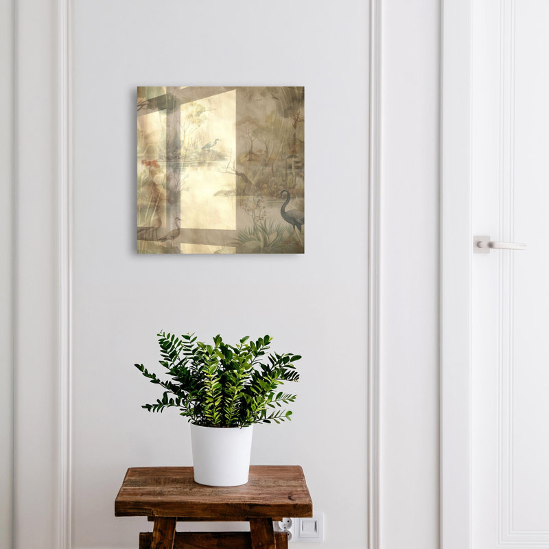 Wall mounted key box, Opens to the right, 30x30x5, Black, An idyllic landscape with birds and vegetation, 