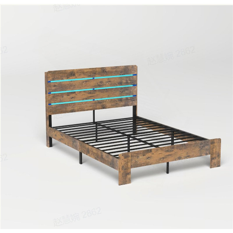 Structure de lit avec tête et pied de lit, avec rangement sous le lit, lumières DEL, station de charge, système de support en métal d'une capacité de 1200 lb, aucun sommier nécessaire, assemblage facile, brun rustique