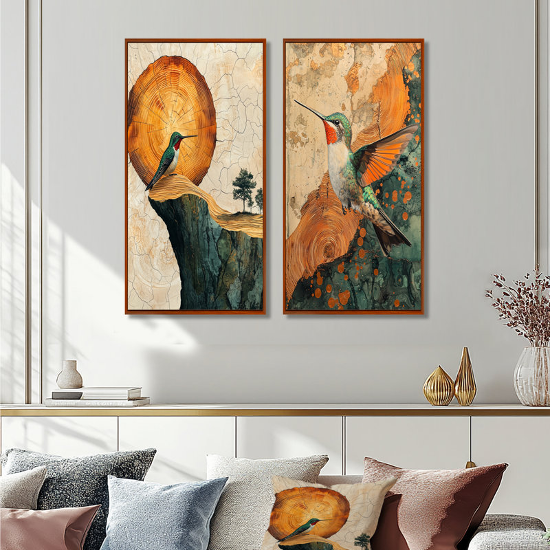 Colibri dans la forêt, forêt, quête I - animaux, impressions sur toile 2 panneaux, H 32 po x l 33 po, Cadre flottant brun