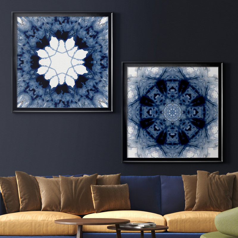 Indigo kaleidoscope I - ensemble de 2 reproductions d'art, H 17,5 po x l 35 po x P 1,5 po, Toile avec cadre noir