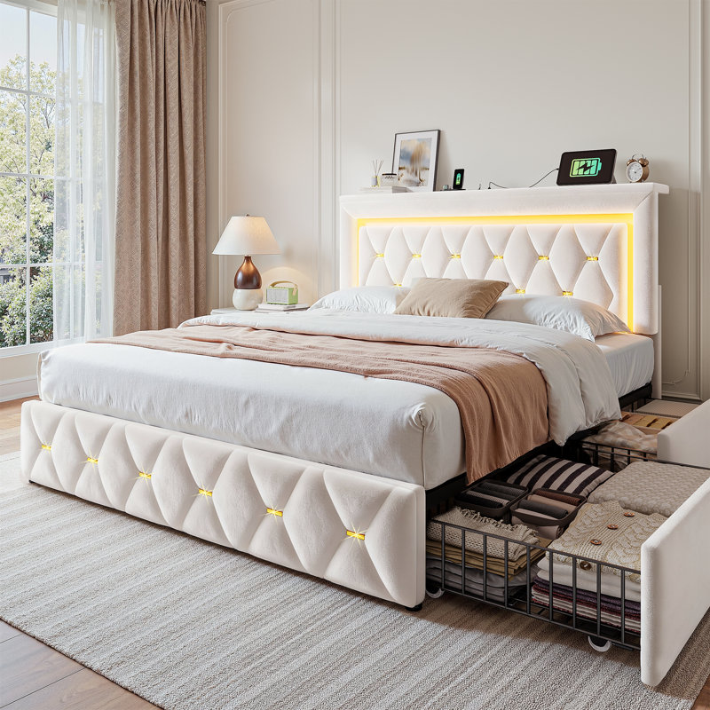 Lit tapissier avec 4 tiroirs de rangement, tête de lit réglable, lumières DEL et station de charge, Double, Beige