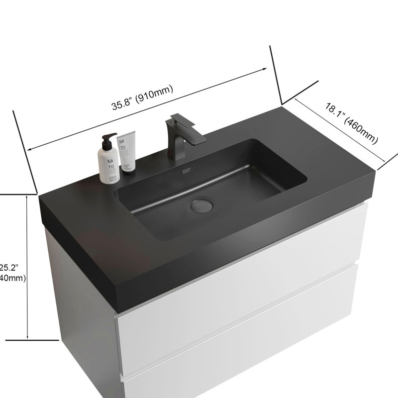 36" Bathroom Vanity - White With Black Basin, Elegant Look, Space Optimization, Silent Op Modern Elegance, Finish, Sink, And Seamless
