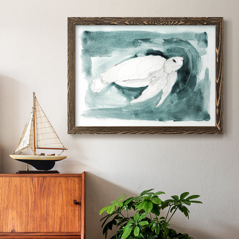 Reproduction de tortue de mer "I" encadrée sur toile par J Paul, Cadre photo simple noyer, H 22 po x l 32 po x P 1,5 po