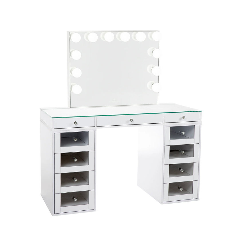 Slaystation Plus 2.0 Tabletop With Hollywood Style Vanity Mirror And 4 Drawer Units Bundle, White