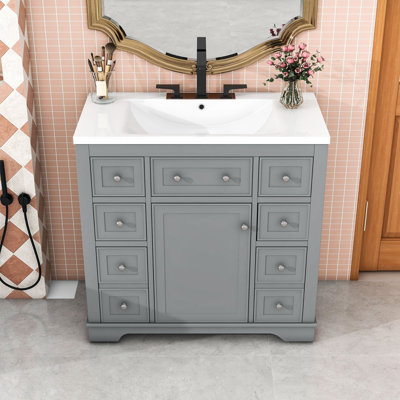 Modern Freestanding Single Bathroom Vanity with Ceramic Sink, Ample Storage and Adjustable Shelf