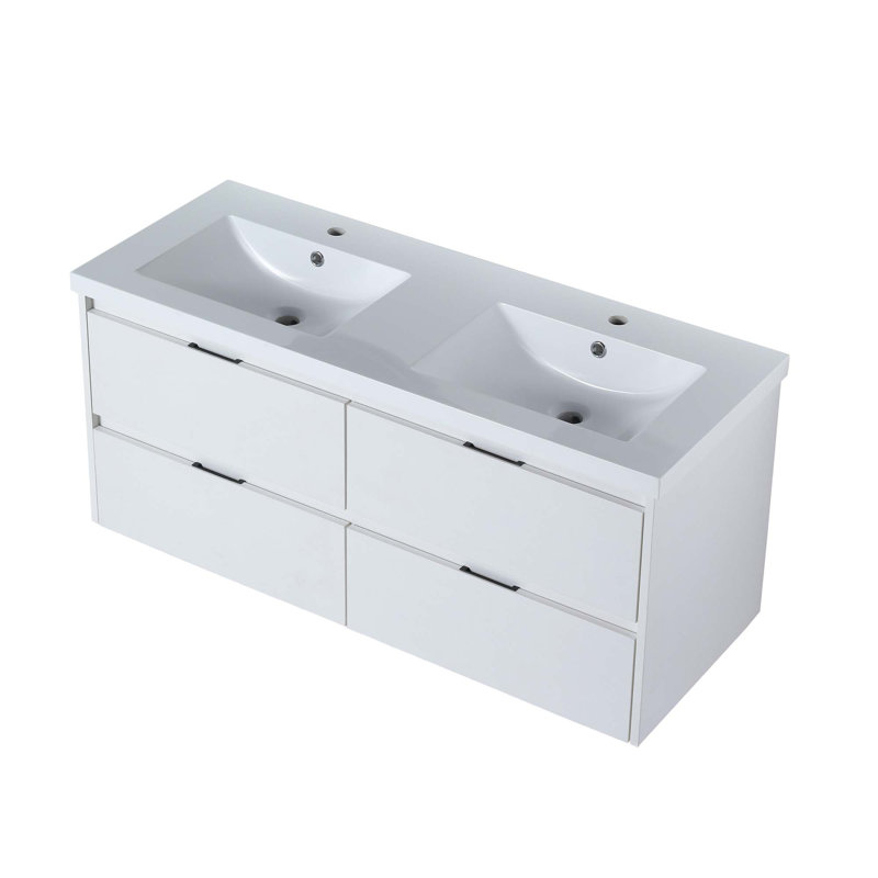 Meuble-lavabo 48 po avec lavabo double, lavabo en résine, 4 tiroirs à fermeture en douceur, Blanc