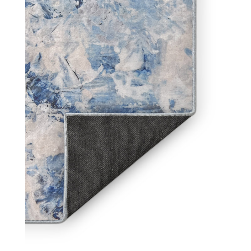 Tapis bleu en polyester tissé à la machine, Rectangle 7 pi x 10 pi