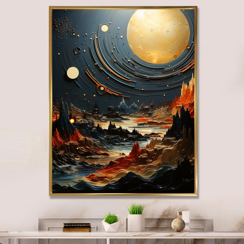 Céleste planète dorée dans un système solaire II - art mural de la planète espace, Cadre doré simple
