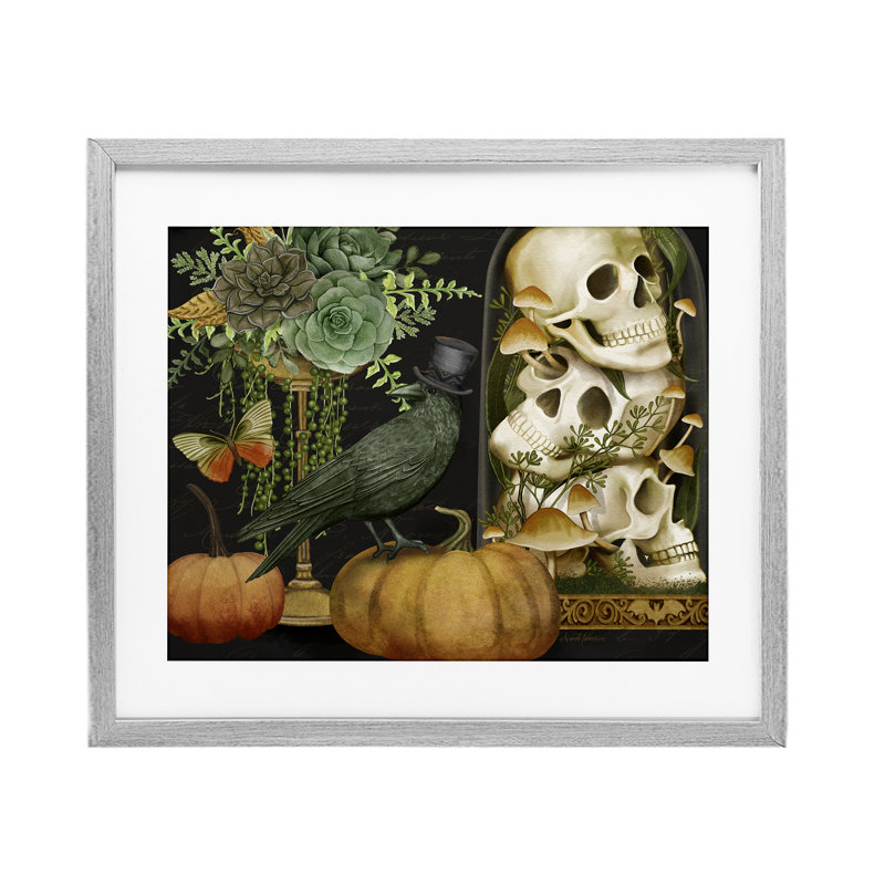 Corbeau et crânes Académie, reproduction sous verre encadrée, conception par Nicole Tamarin, Cadre de ferme gris