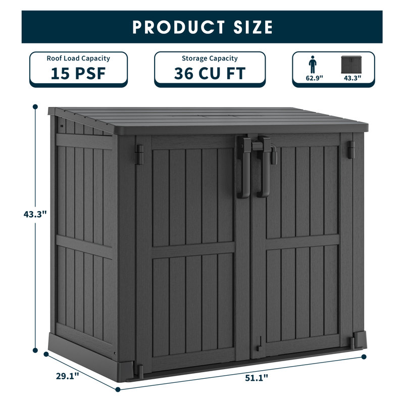 51.1''W Outdoor Resin Horizontal Storage Shed-280 Gallon, Black