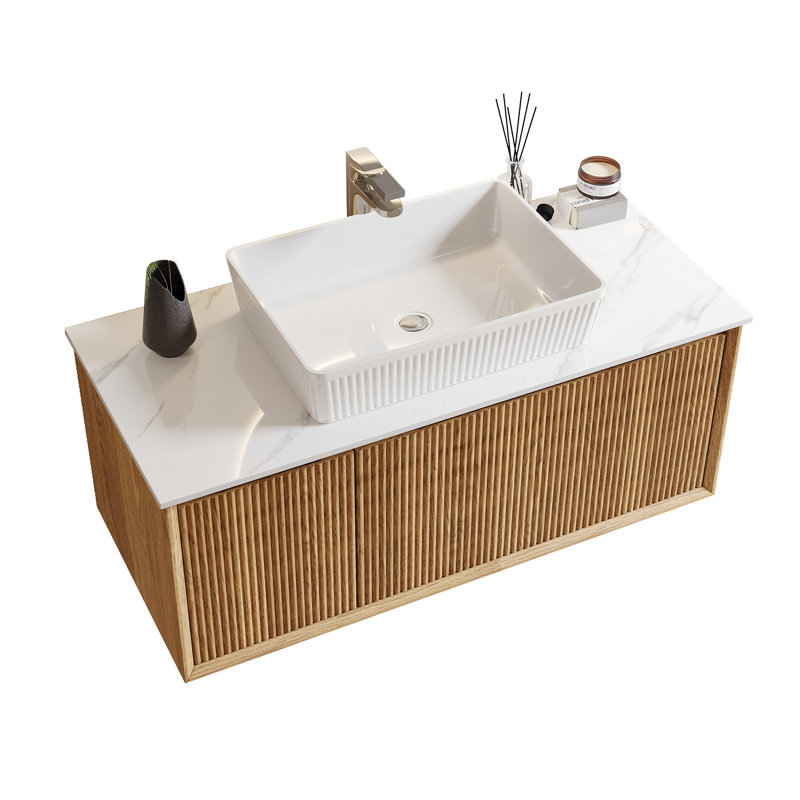 Meuble-lavabo simple moderne 35,4 po, meuble-lavabo flottant avec plateau blanc, armoire en bois massif, pré-assemblé, Blanc