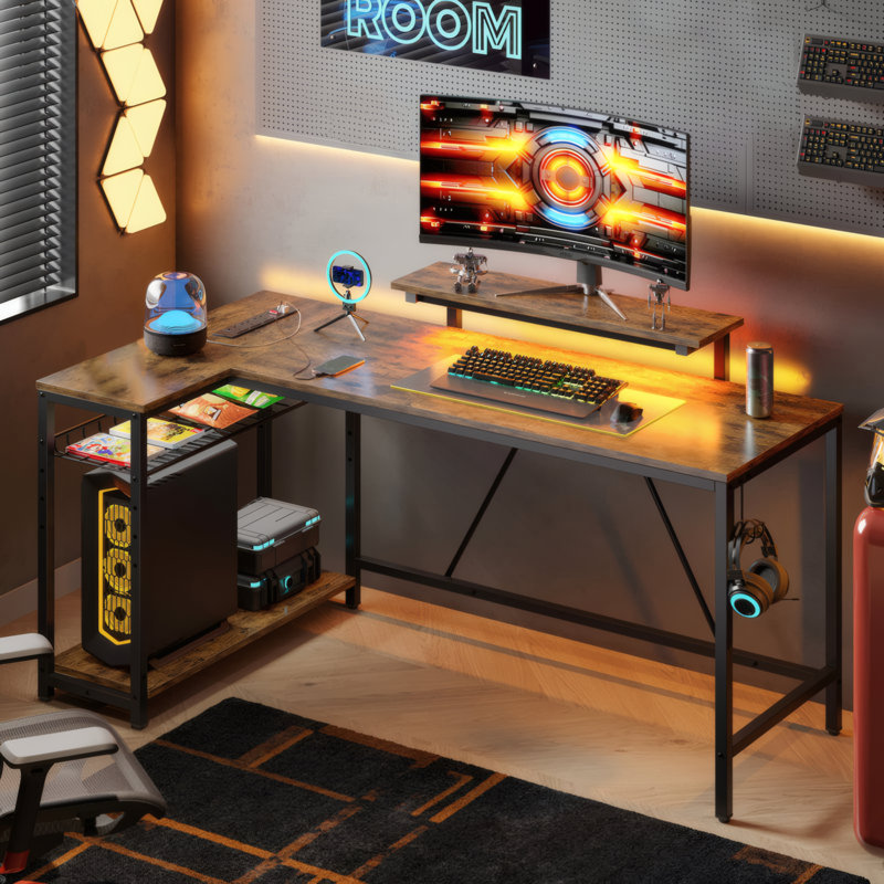 L-shaped Computer Desk with Power Outlet, Gaming Desk with Monitor Stand and Shelves, Rustic Brown/Black